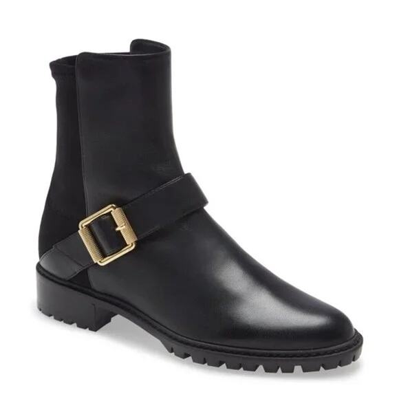 Stuart Weitzman Black Leather City Gold Buckle Heeled Ankle Booties Size 6.5 - Picture 1 of 6